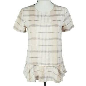 Ro & De Top Womens Sz XS Pink Plaid Ruffle Short Sleeve Blouse Shirt Career Work